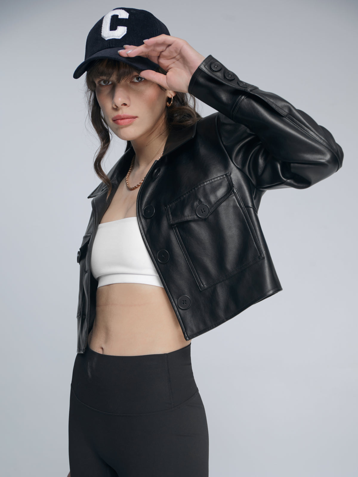 Thecomense - Cropped Double Front Pocket Leather Jacket
