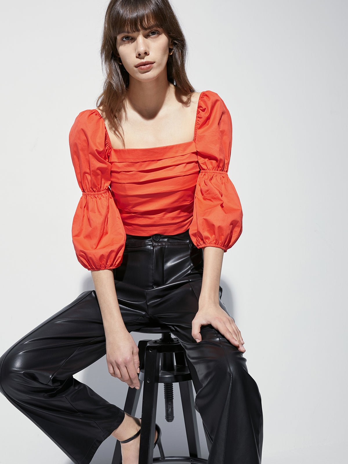 Thecomense - Square Neck Ruche Quarter Puff Sleeve Top