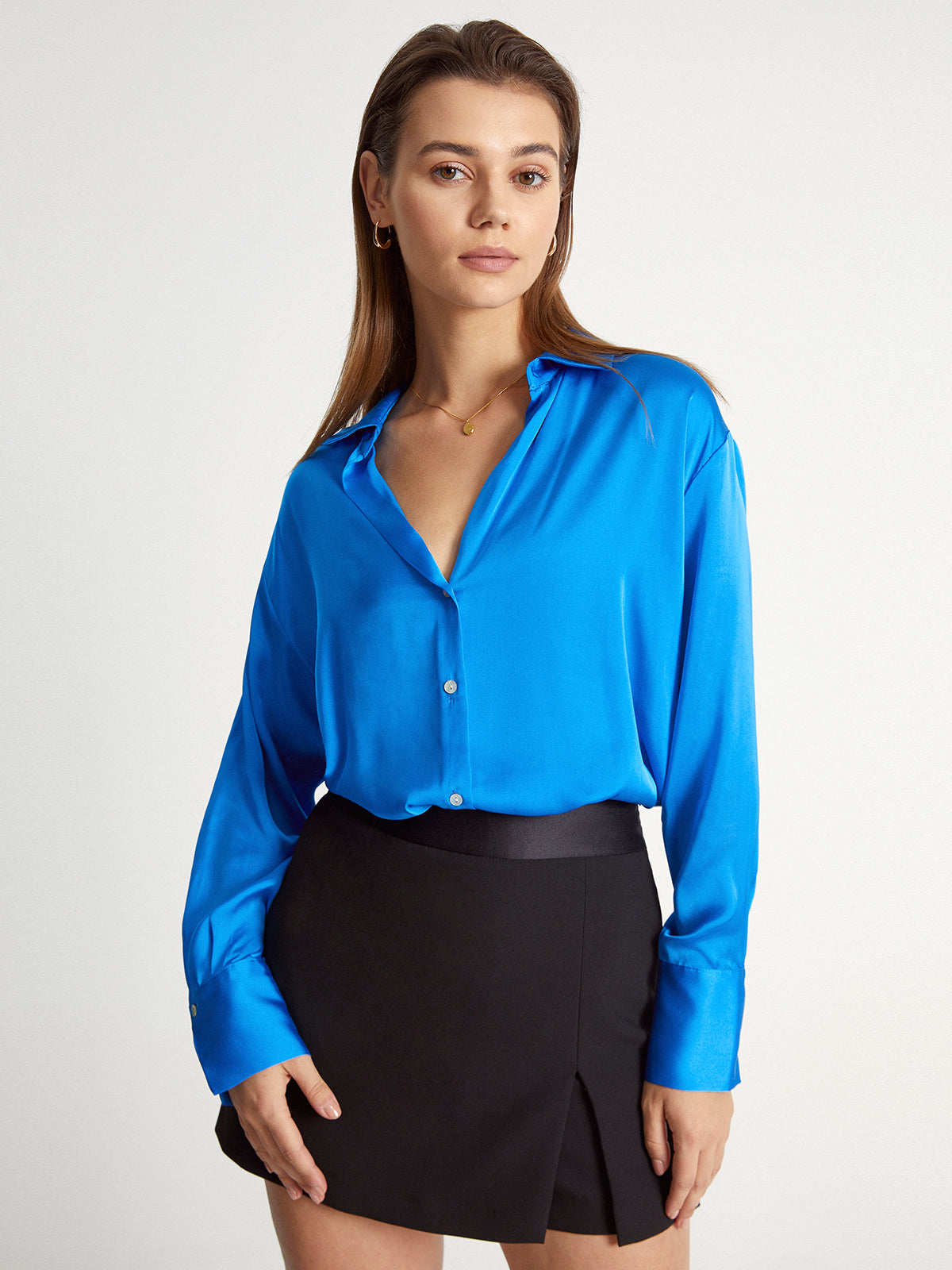 Thecomense - Satin Relaxed Fit Button Up Dress Shirt