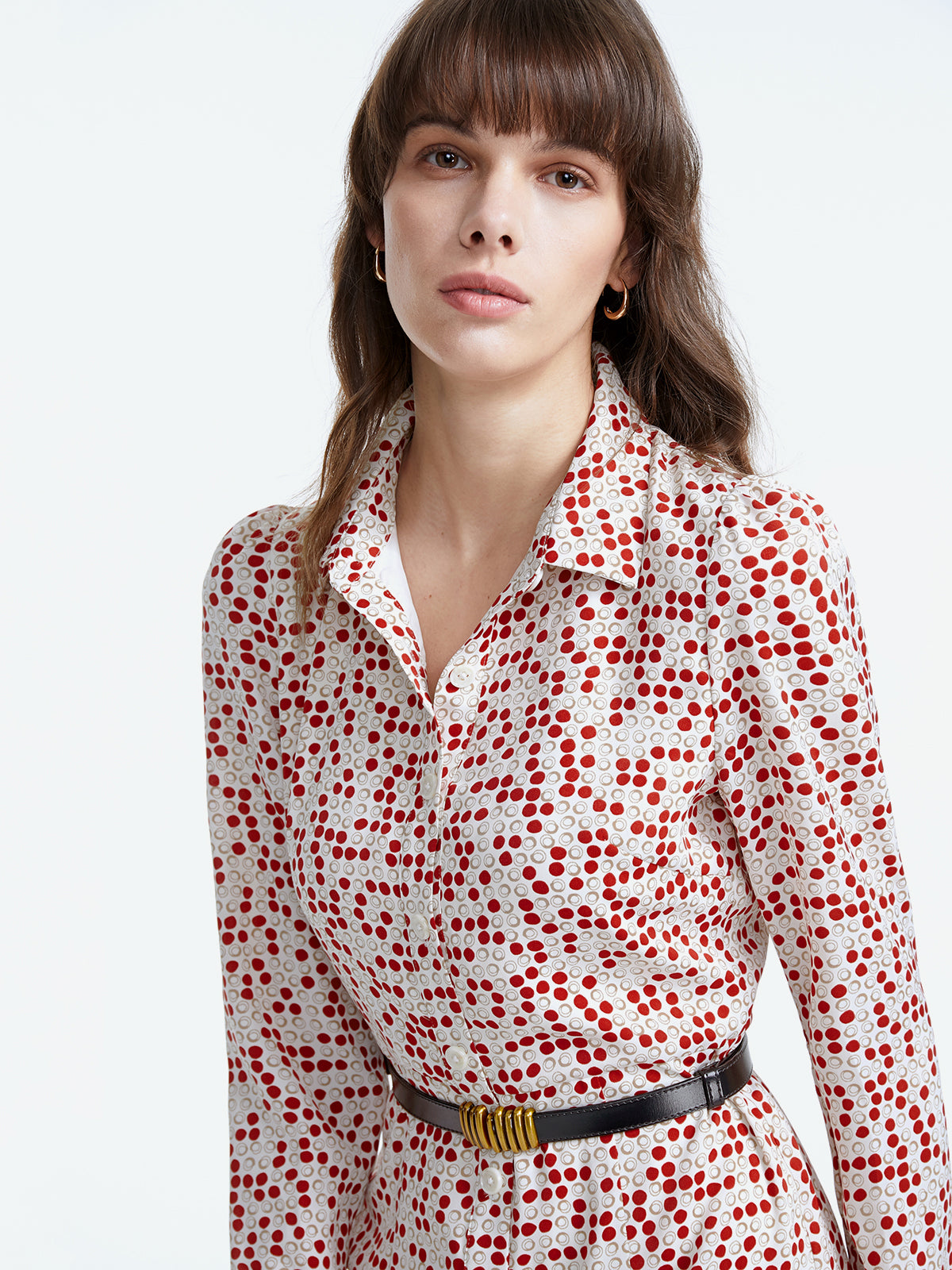Thecomense - Long Sleeve Polka Dot Collared Belted Mini Dress