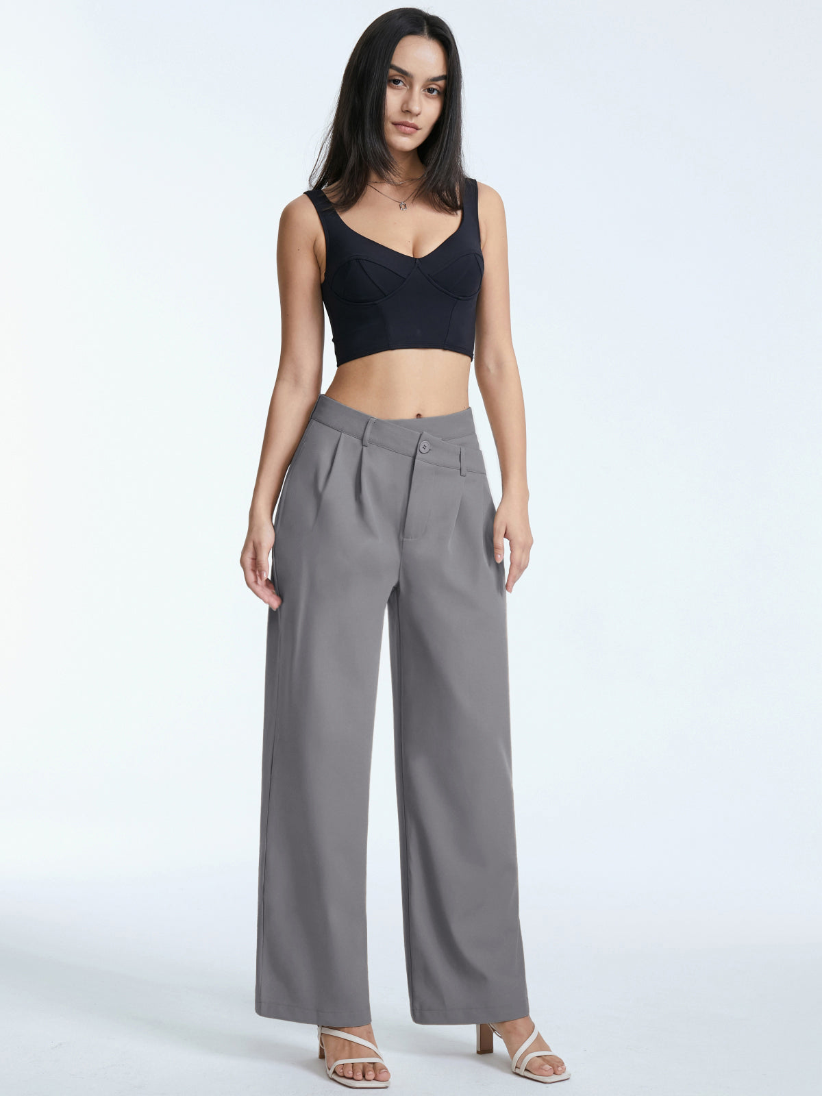 Thecomense - High Waisted Asymmetrical Pleat Front Wide Leg Trousers