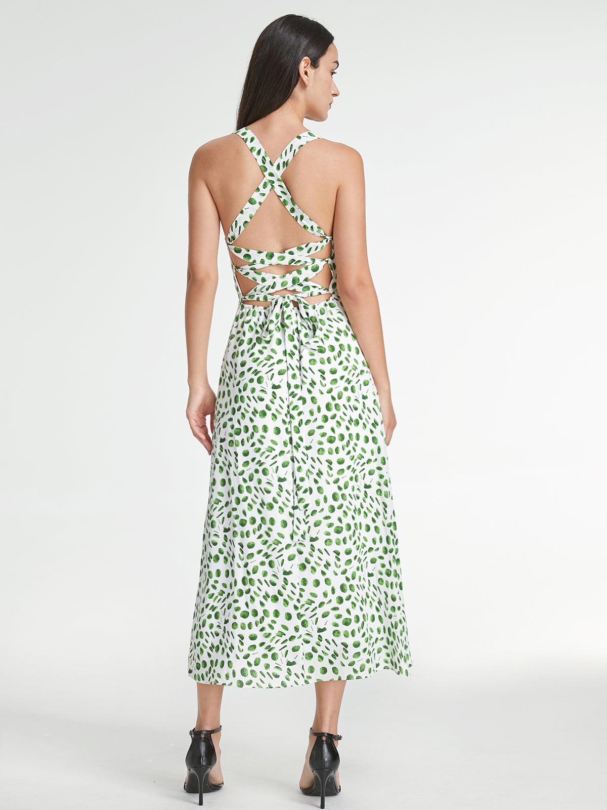 Thecomense - Square Neck Back Cross Strap Leaf Strap Dress