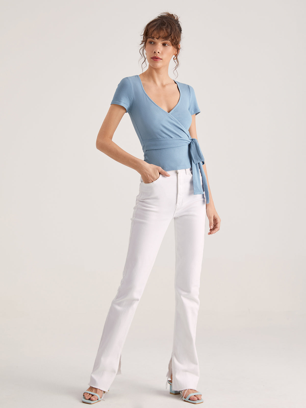 Thecomense - Basic Tie Ribbed Short Sleeve Top