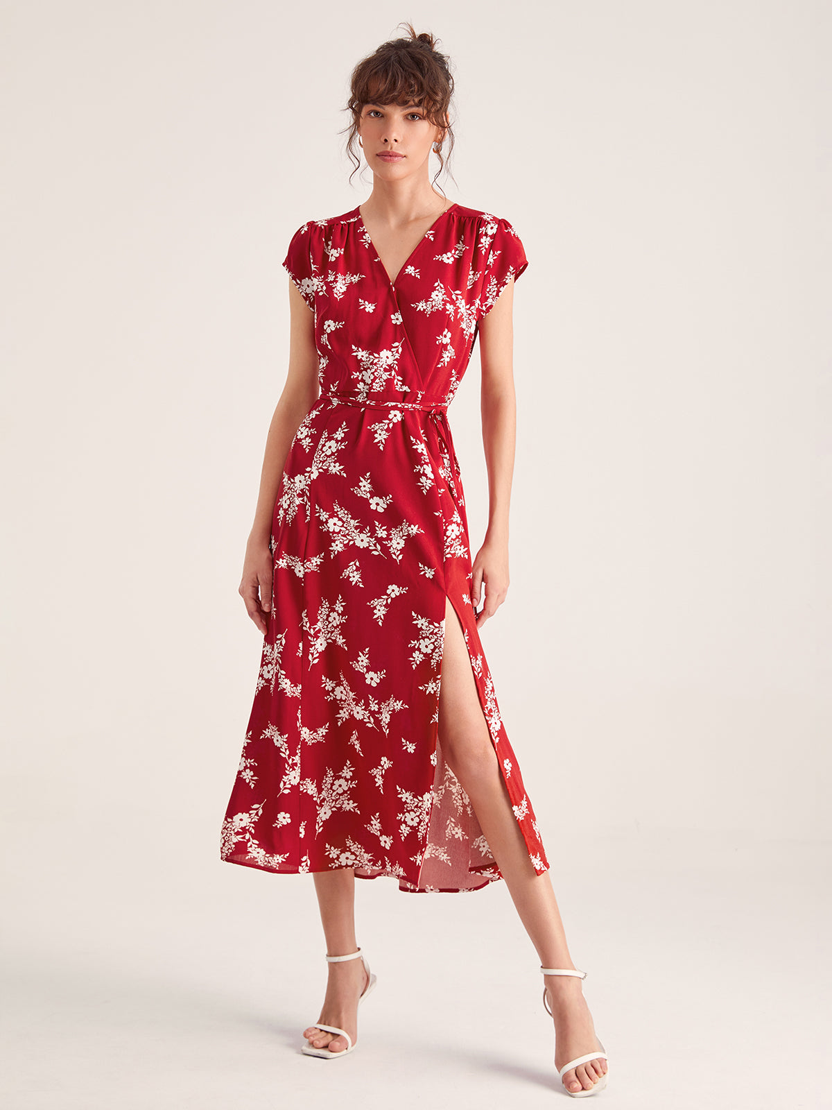 Thecomense - Ruby Balloon Floral Wrap Tie Front Midi Dress