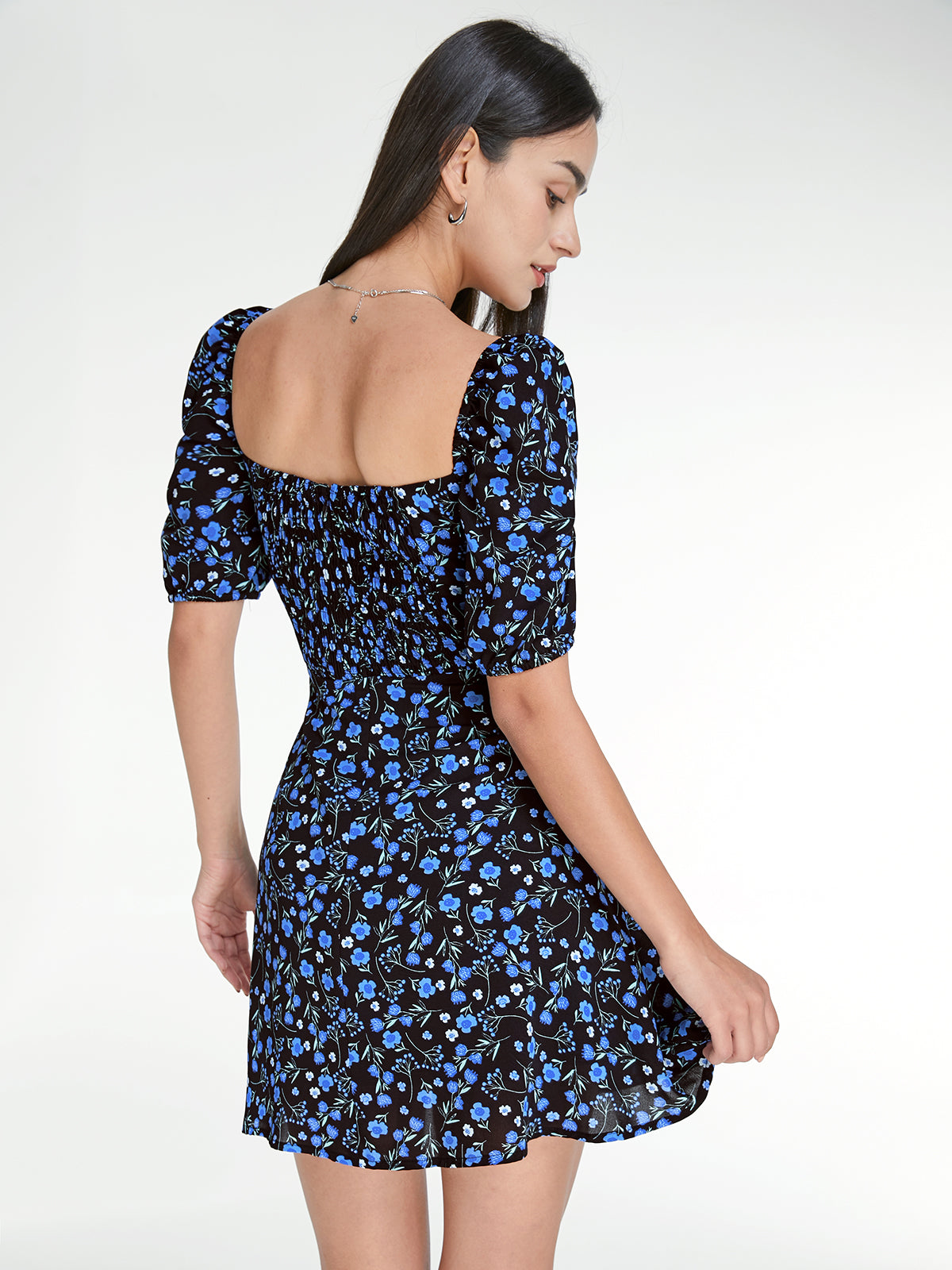 Thecomense - Square Neck Short Puff Sleeve Dark Floral Mini Dress