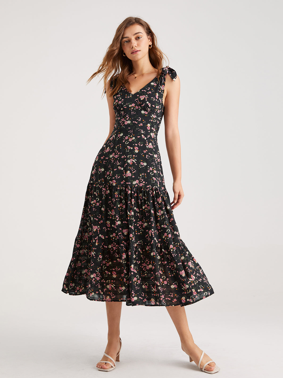 Thecomense - Tie Strap Contrast Floral Midi Dress