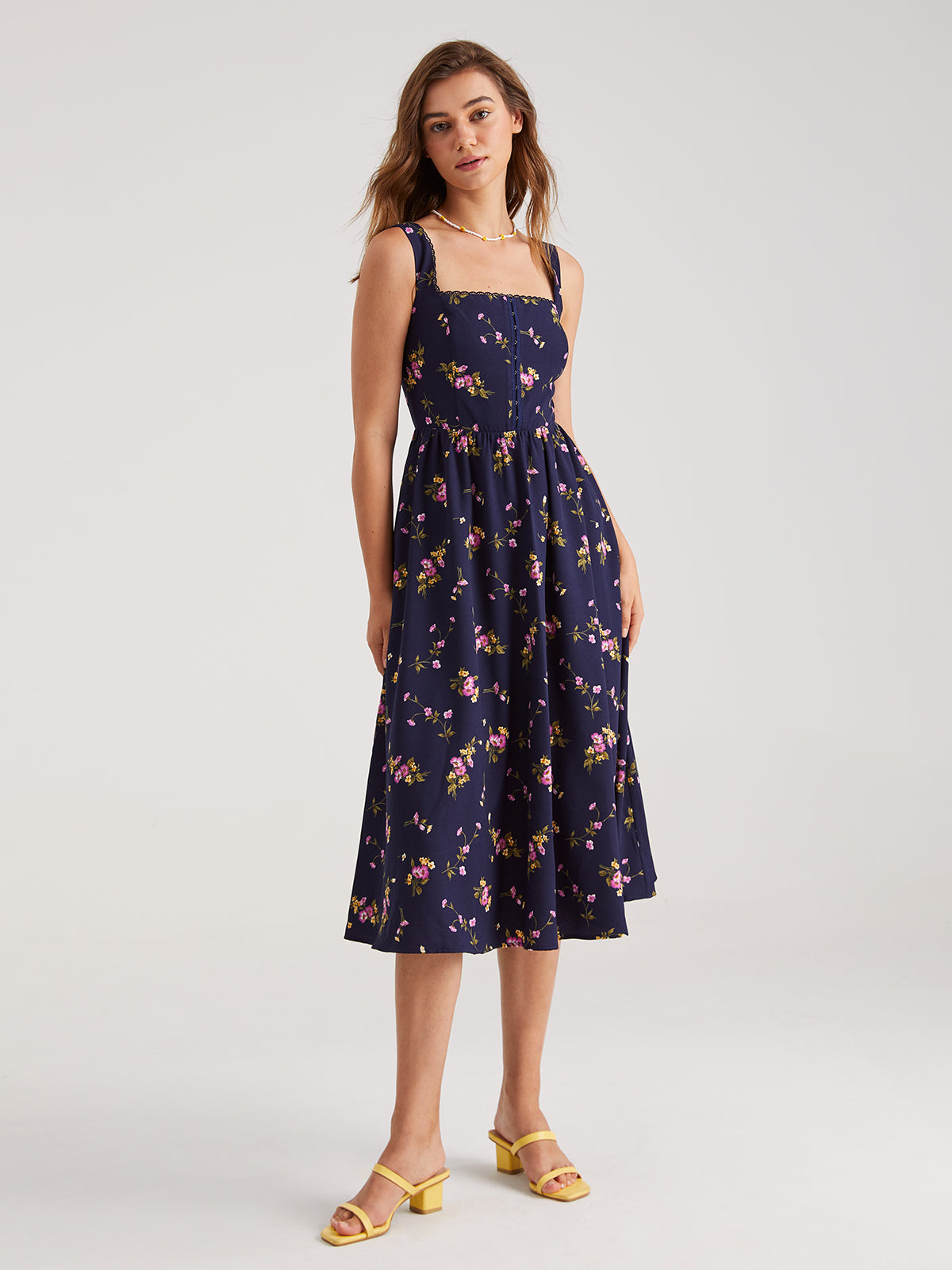 Thecomense - Floral Front Hook-and-Eye Zip Up Square Neck Midi Dress