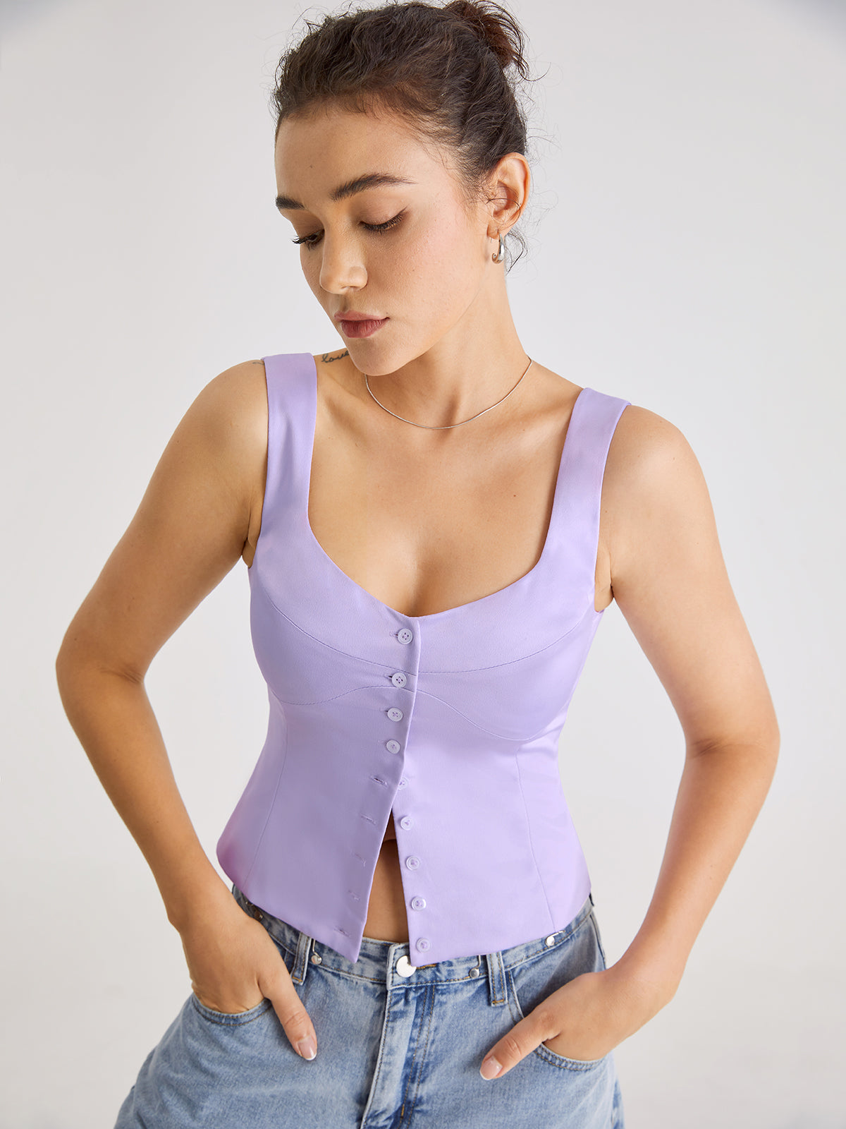 Thecomense - Mauve Button Front Contour Sleeveless Top