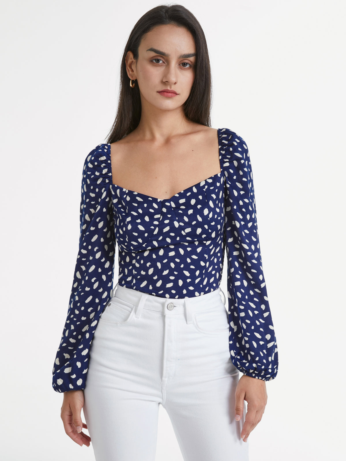 Thecomense - Sweetheart Contour Long Puff Sleeve Printed Top