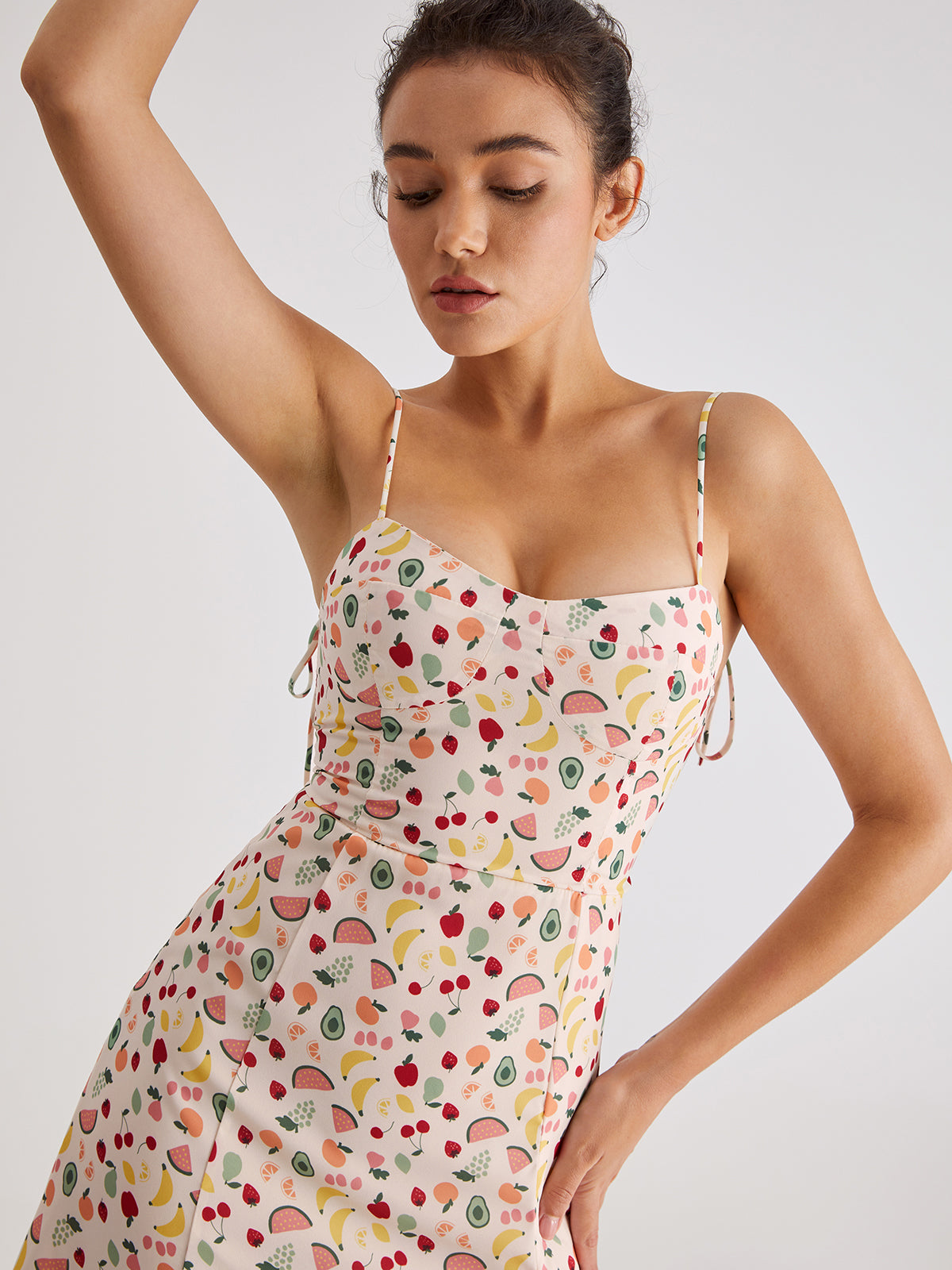 Thecomense - Sweetheart Fruit Pattern Midi Slit Strap Dress