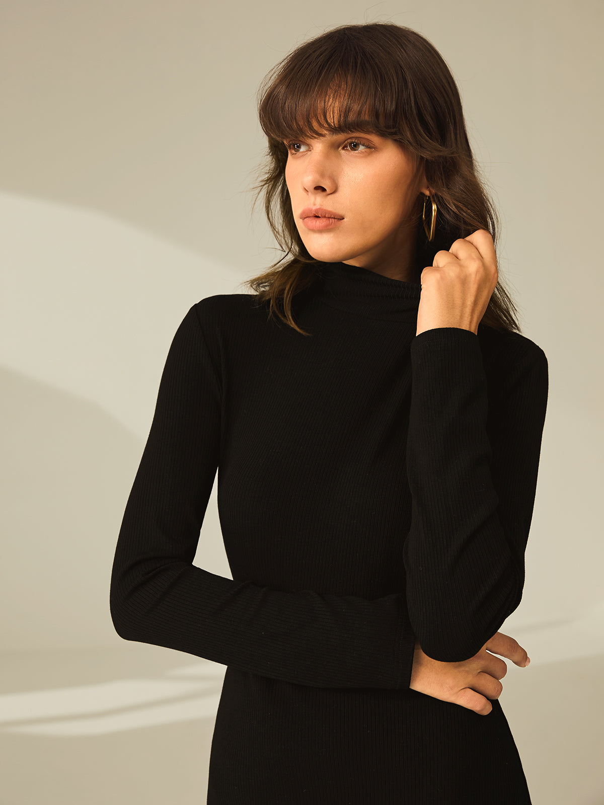 Thecomense - Turtleneck Long Sleeve Mini Dress with Slit and Ribbed Paneling