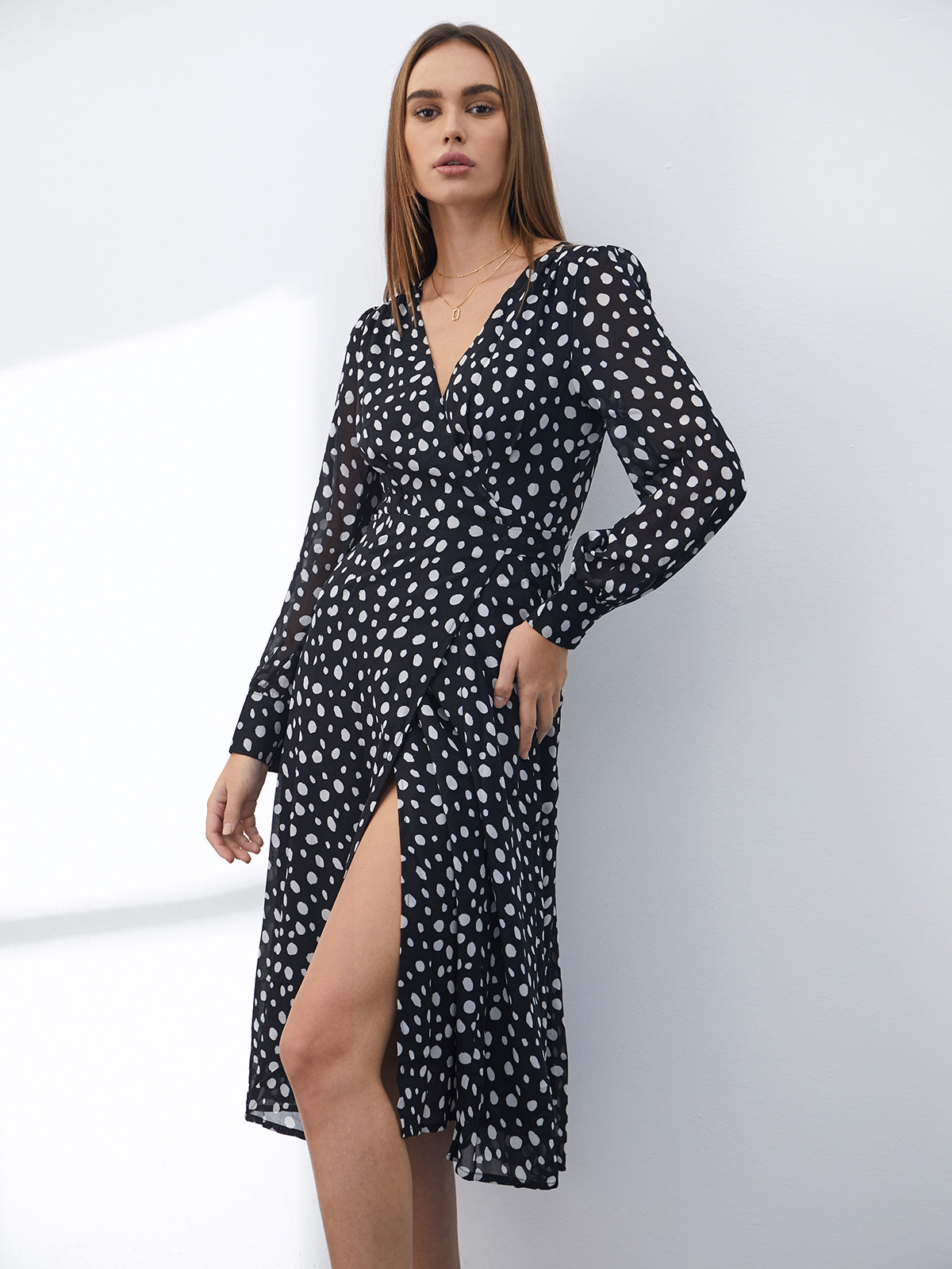Thecomense - Long Sleeve V Neck Dress with Wrap Slit