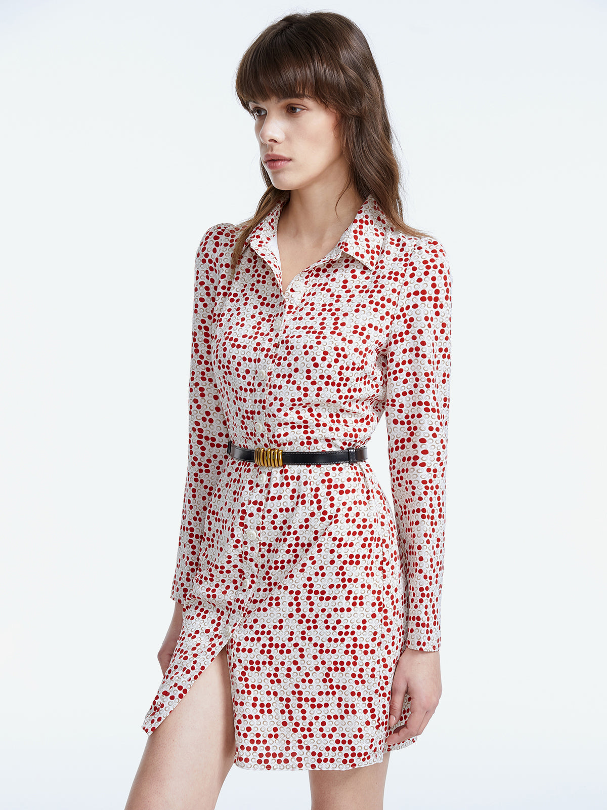 Thecomense - Long Sleeve Polka Dot Collared Belted Mini Dress