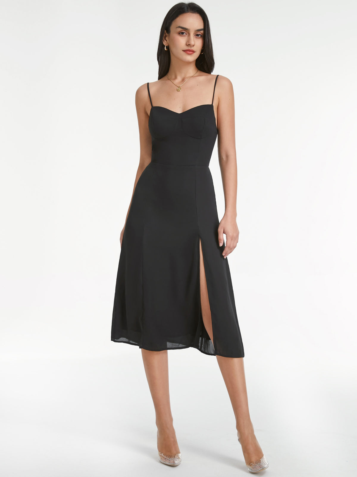 Thecomense - Sweetheart Mesh Overlay Contour Slit Strap Dress