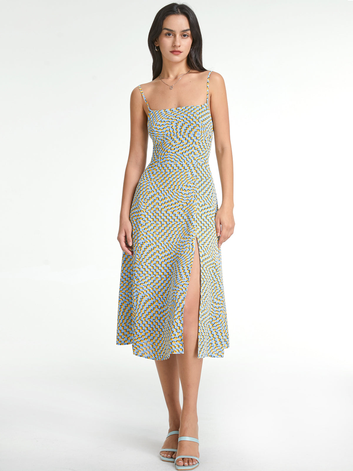 Thecomense - Psychedelic Square Neck Midi Strap Dress