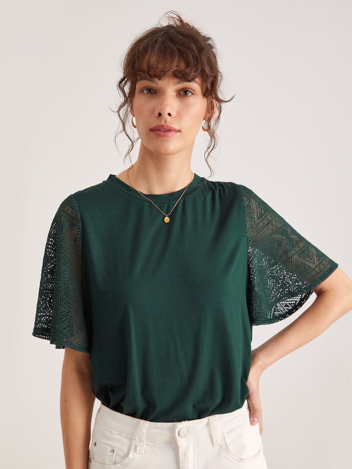 Thecomense - Emerald Green Contrast Lace Flutter Sleeve T-Shirt
