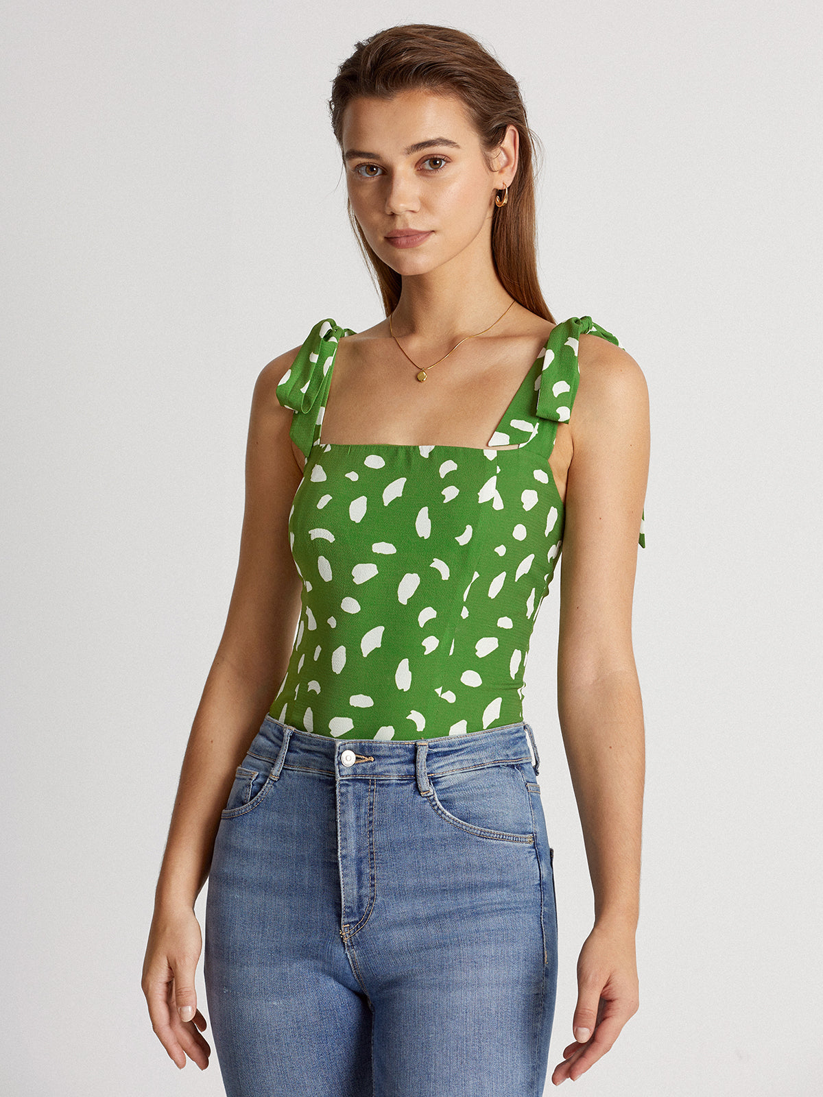 Thecomense - Petals Print Zip Up Square Neck Top
