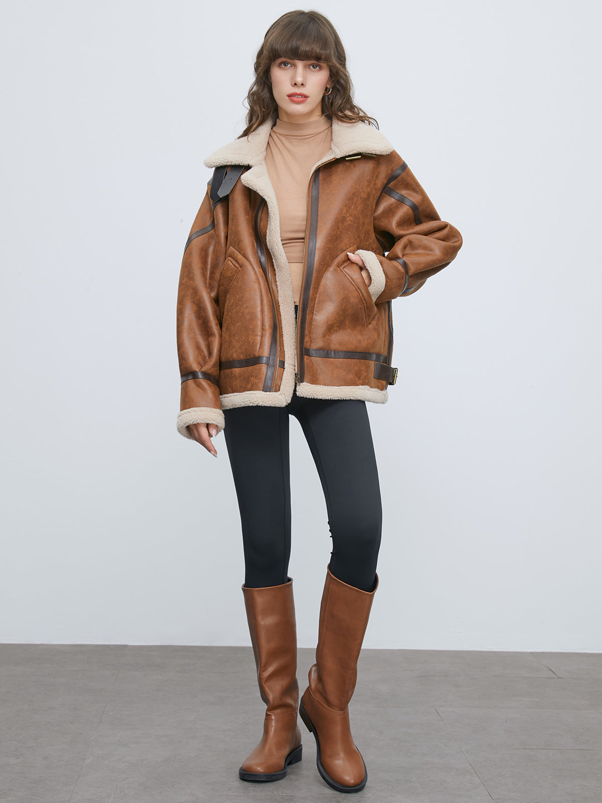 Thecomense - Sherpa Lined Suede Shearling Flight Jacket