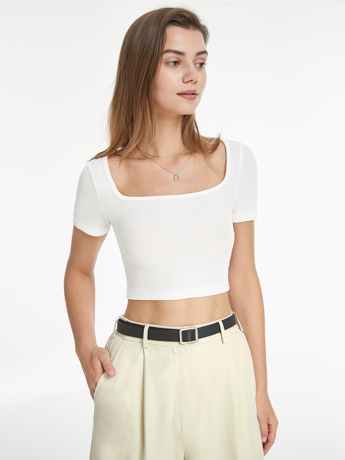 Thecomense - Square Neck Stretch Cropped T-Shirt