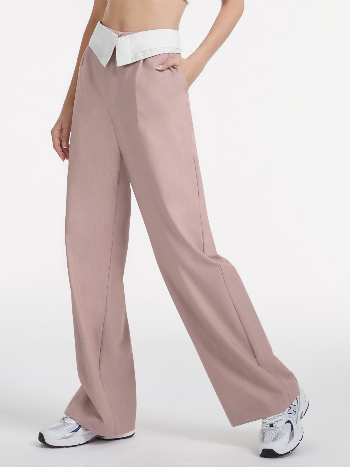 Thecomense - High Waisted Wide Leg Trousers with Contrast Flap Waist Band