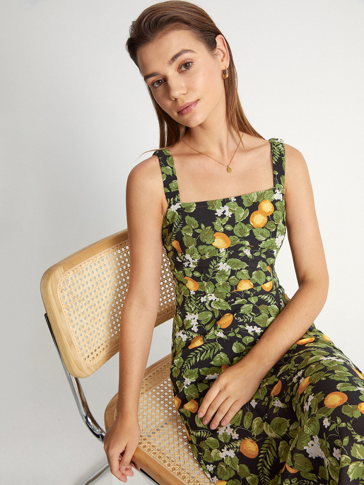 Thecomense - Square Neck Island Orange Midi Strap Dress