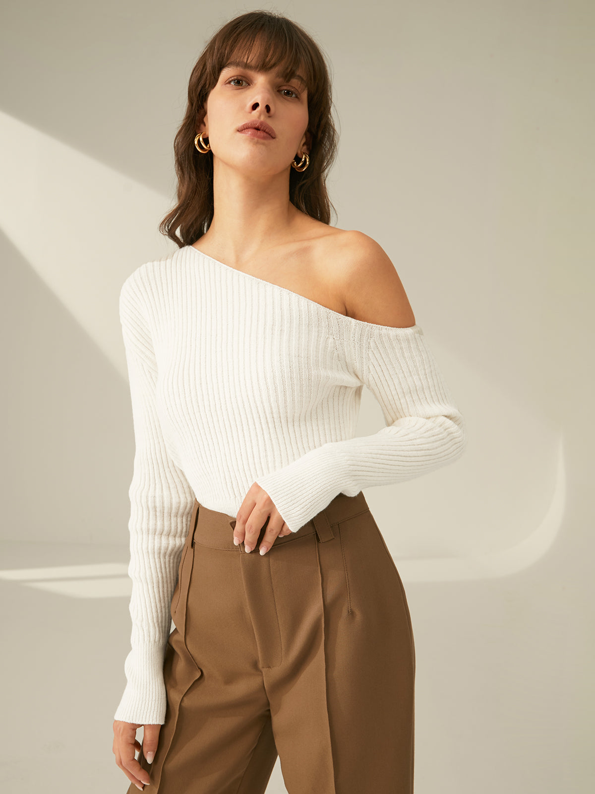 Thecomense - One Shoulder Long Sleeve Ribbed Pullover Sweater