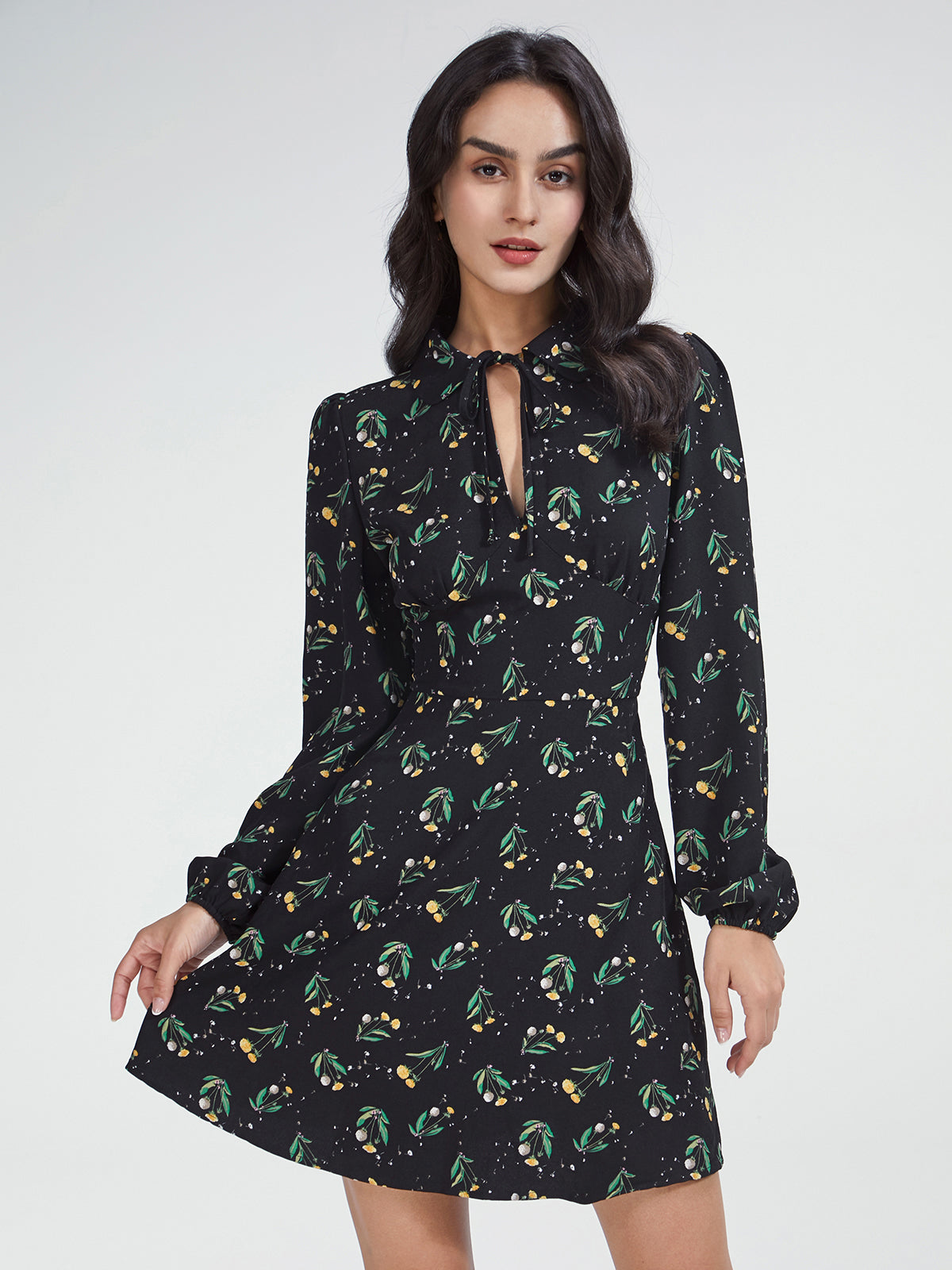 Thecomense - High Neck Keyhole Puff Sleeve Floral A Line Mini Dress