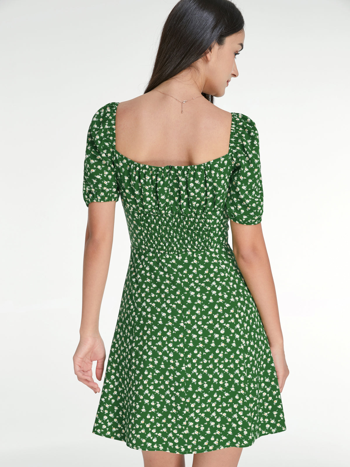 Thecomense - Square Neck Short Puff Mini Floral Mini A Line Dress