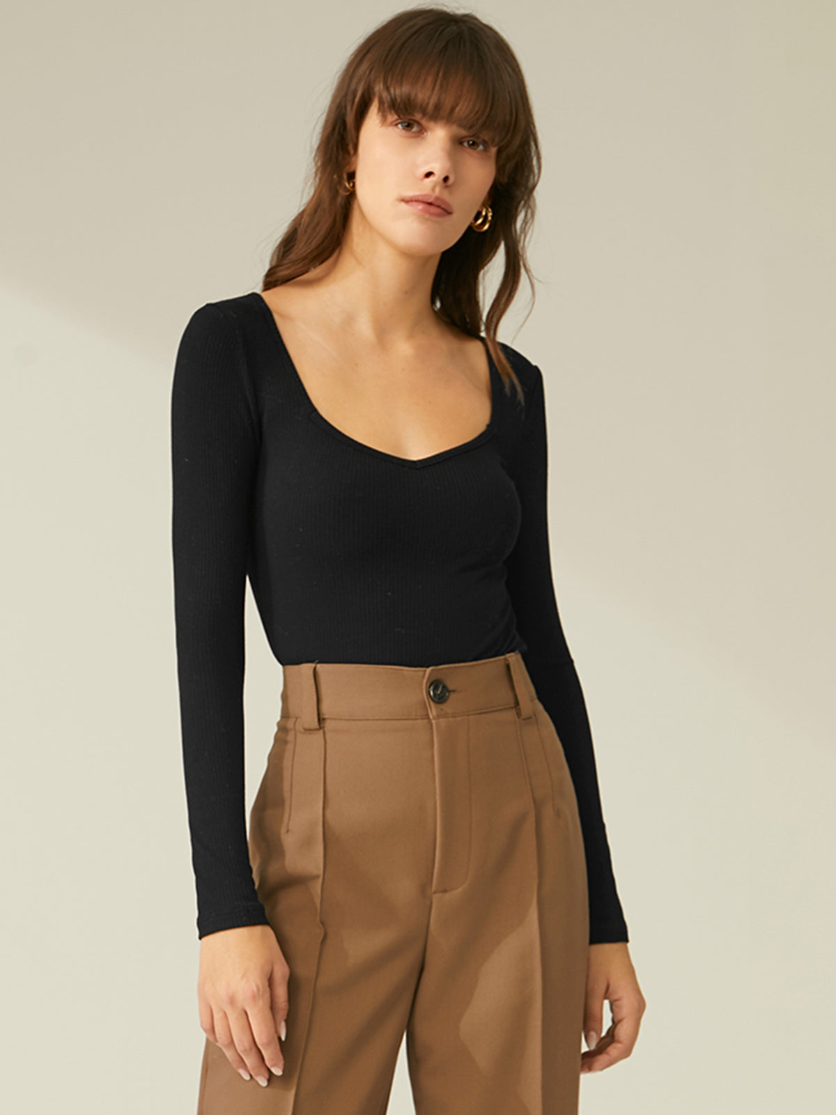 Thecomense - Ribbed Sweetheart Long Sleeve Top