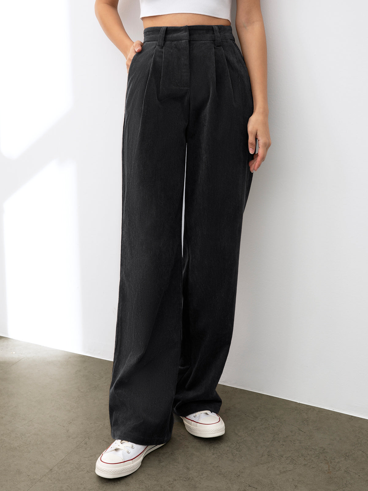 Thecomense - Wide Leg Pleated Corduroy Pants