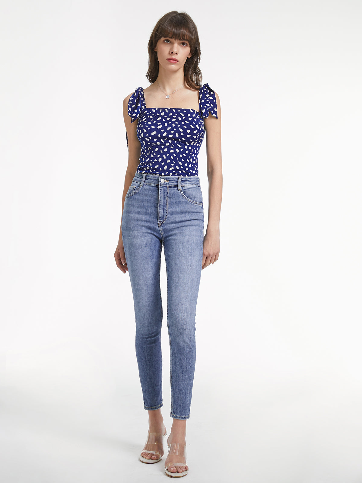 Thecomense - Light Petal Square Neck Tie Strap Contour Top