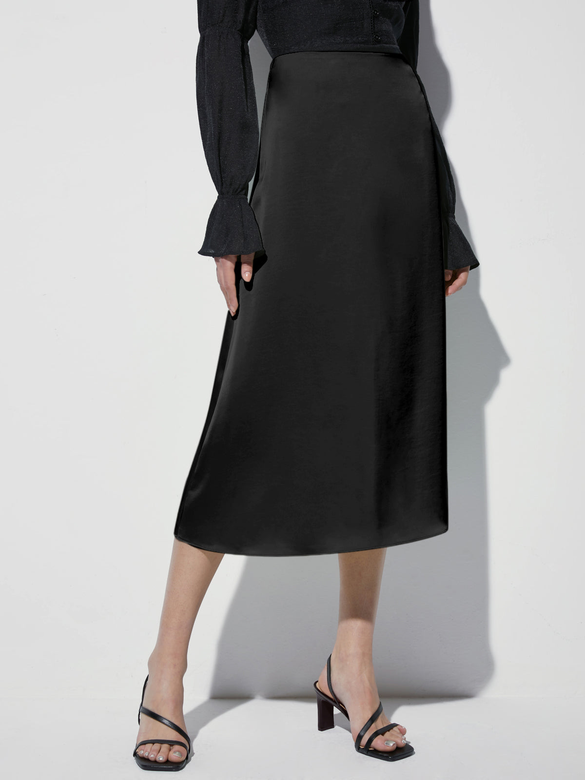 Thecomense - High Waisted Satin Midi Slip Skirt