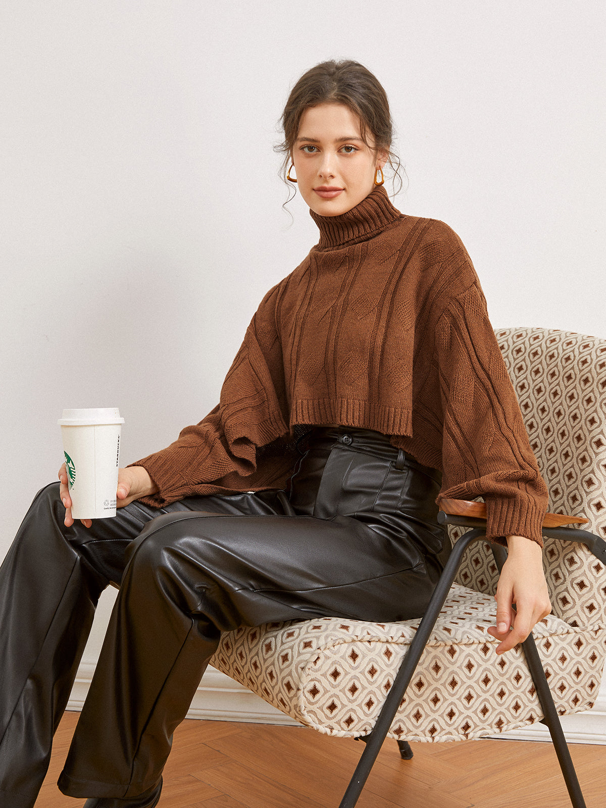 Thecomense - Fall Leaves Dream Cable Knit Mockneck Sweater