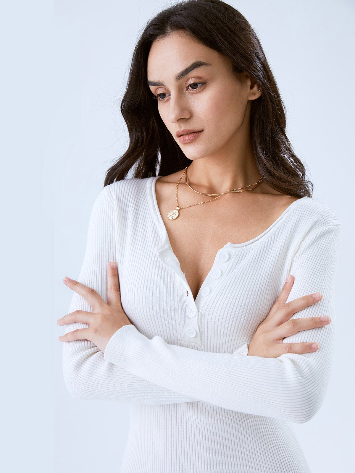 Thecomense - Ribbed Quarter Button-Front Long Sleeve Dress