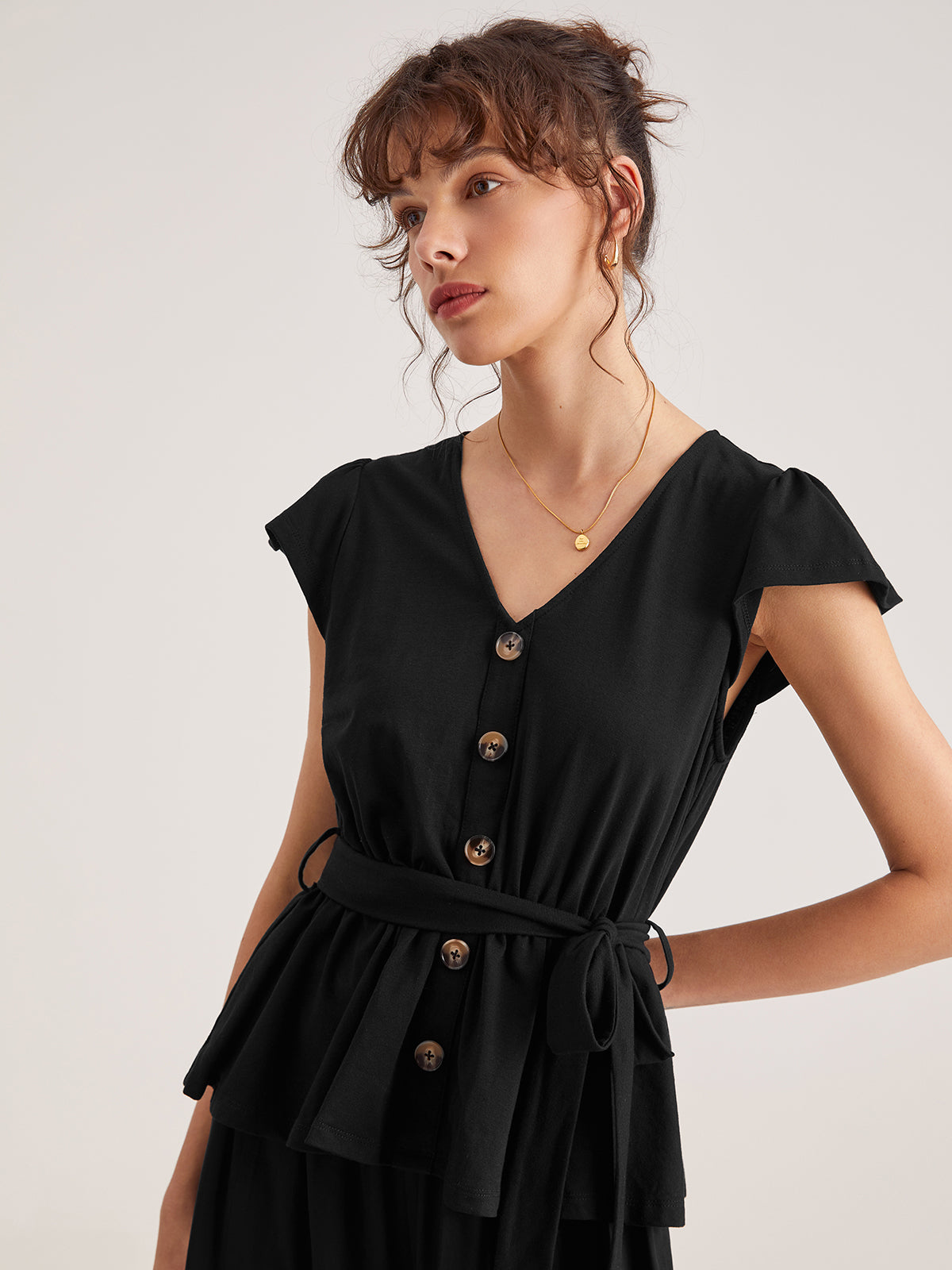Thecomense - Cap Sleeve Plain Button V Neck Top