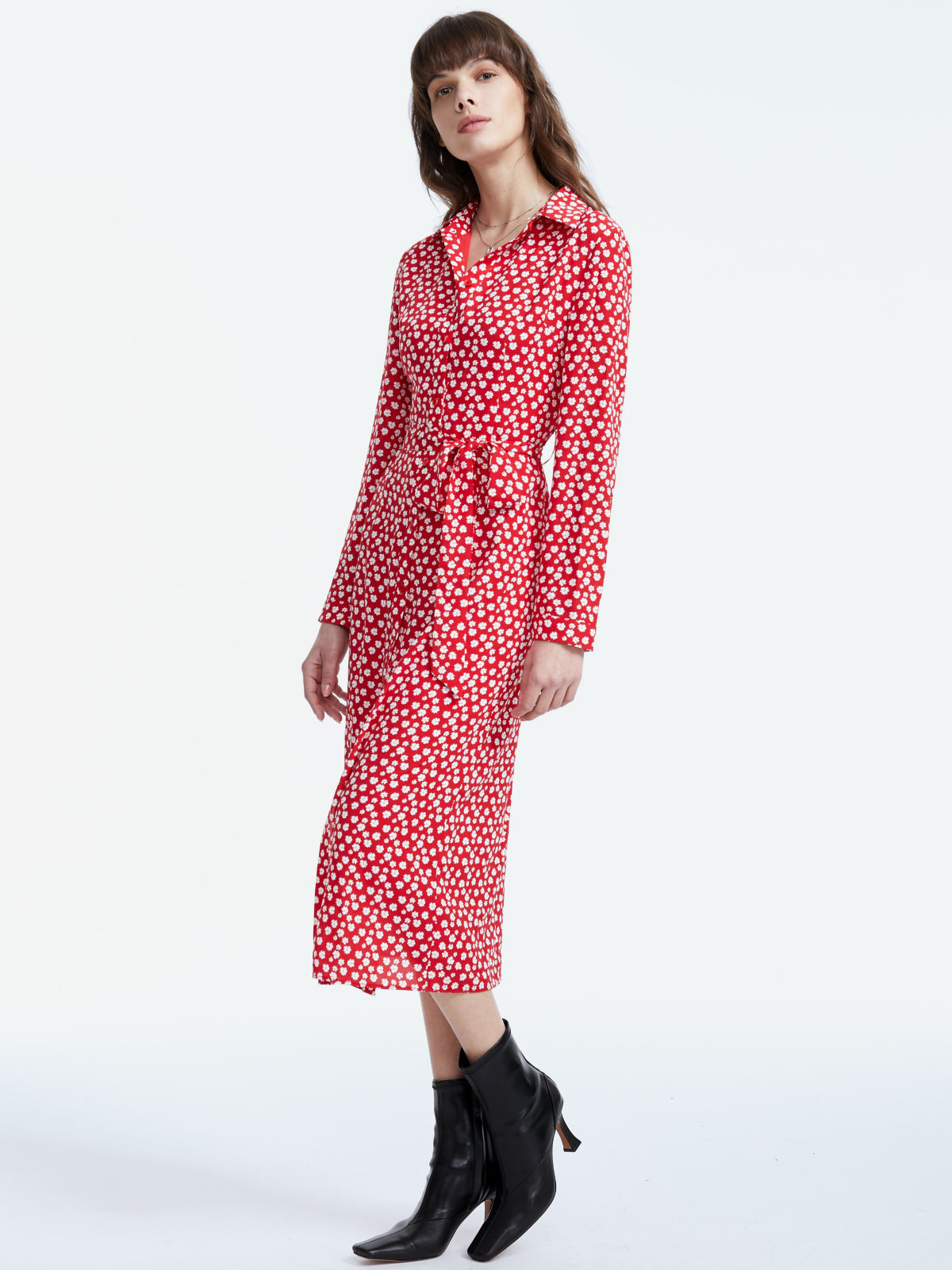 Thecomense - Long Sleeve Floral Collared Belted Slit Dress