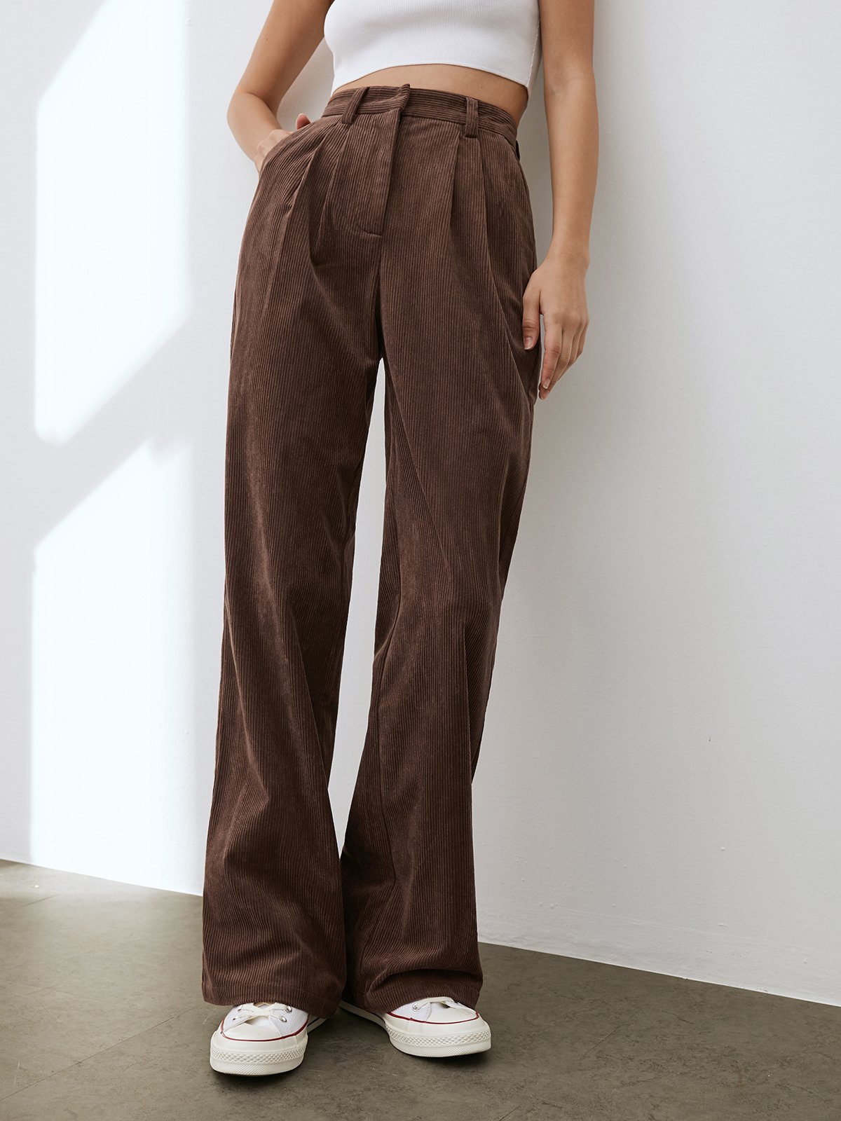 Thecomense - Wide Leg Pleated Corduroy Pants
