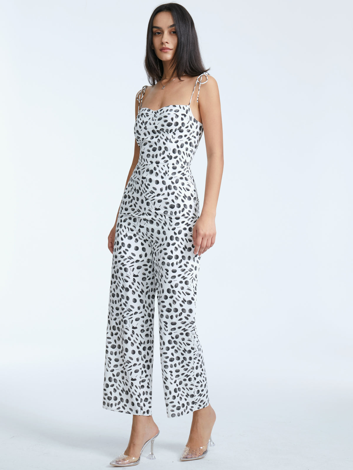 Thecomense - Tie Strap Contrast Print Wide Leg Jumpsuit