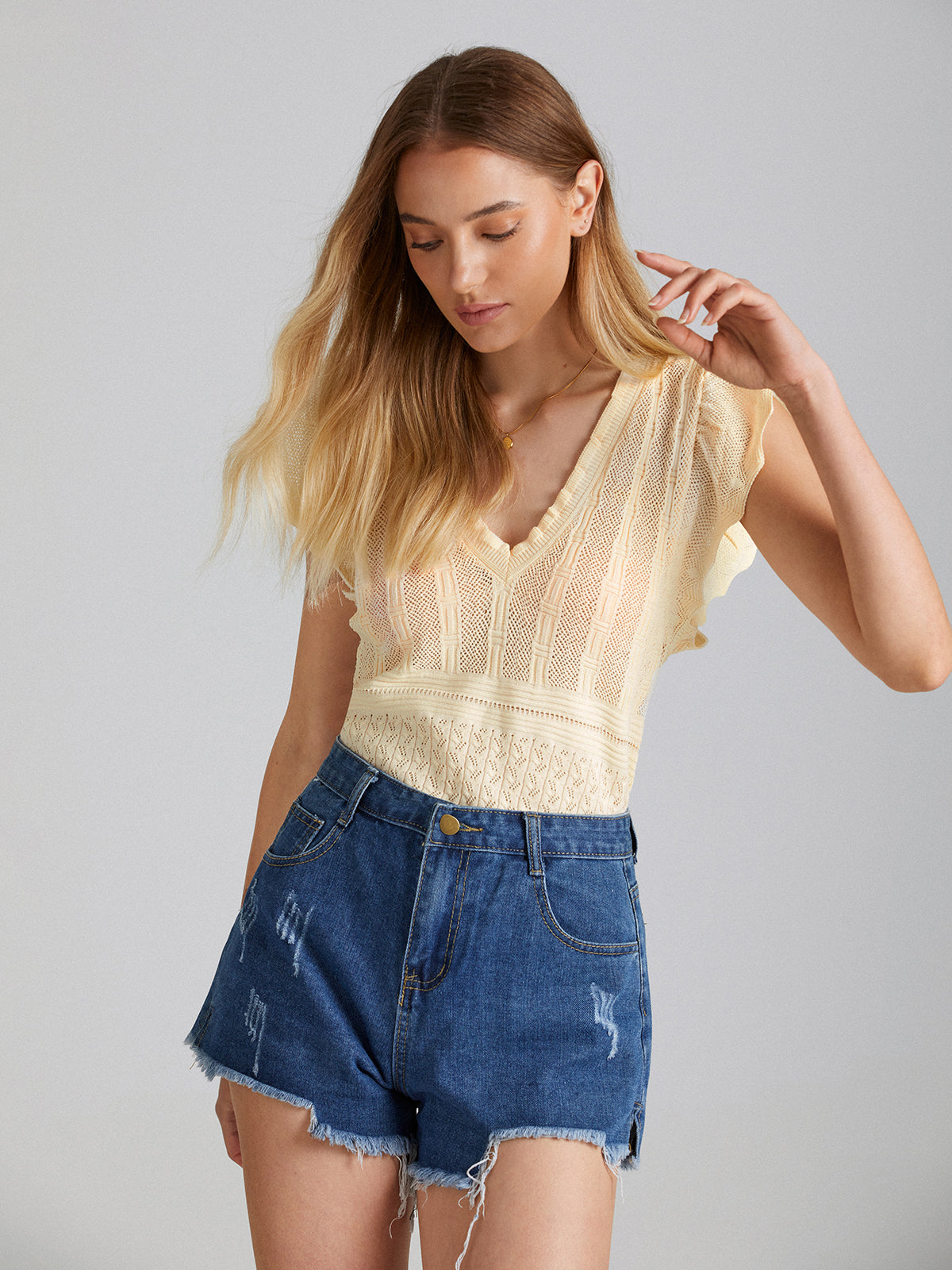 Thecomense - Flutter Sleeve Rib Top