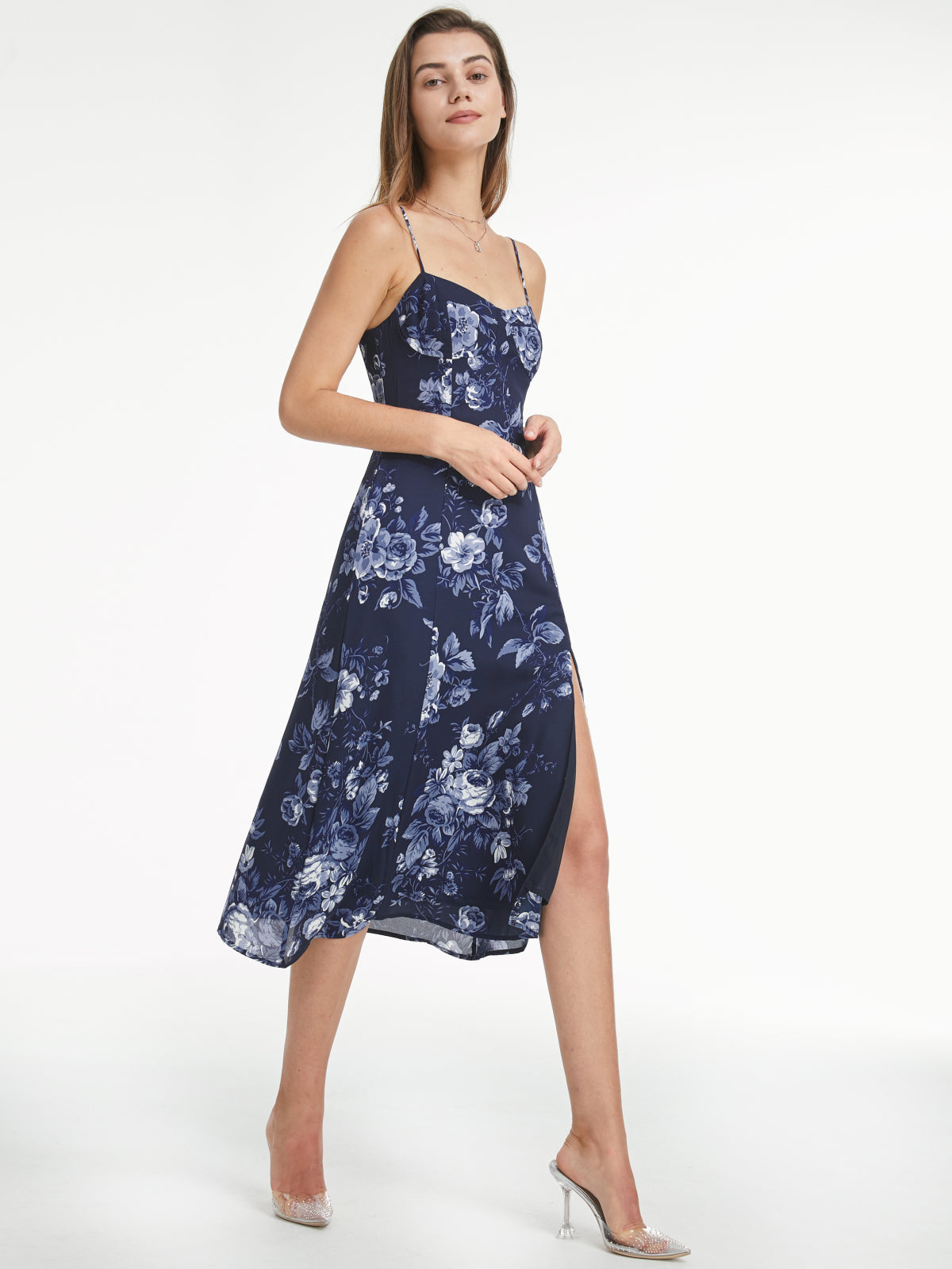 Thecomense - Sweetheart Aqua Floral Bloom Contour Strap Slit Dress