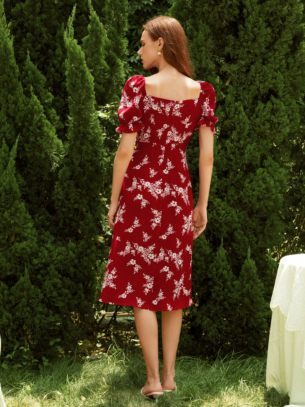Thecomense - Camelia Breeze Floral Puff Sleeve Midi Dress