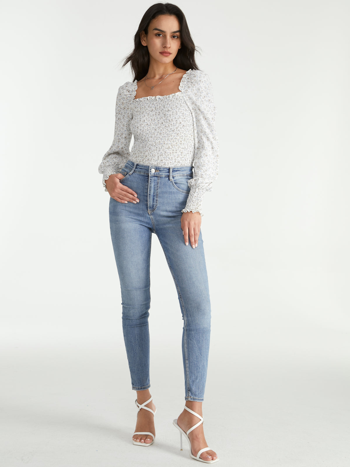 Thecomense - Ruffle Square Neck Light Flora Long Puff Ruche Sleeve Top