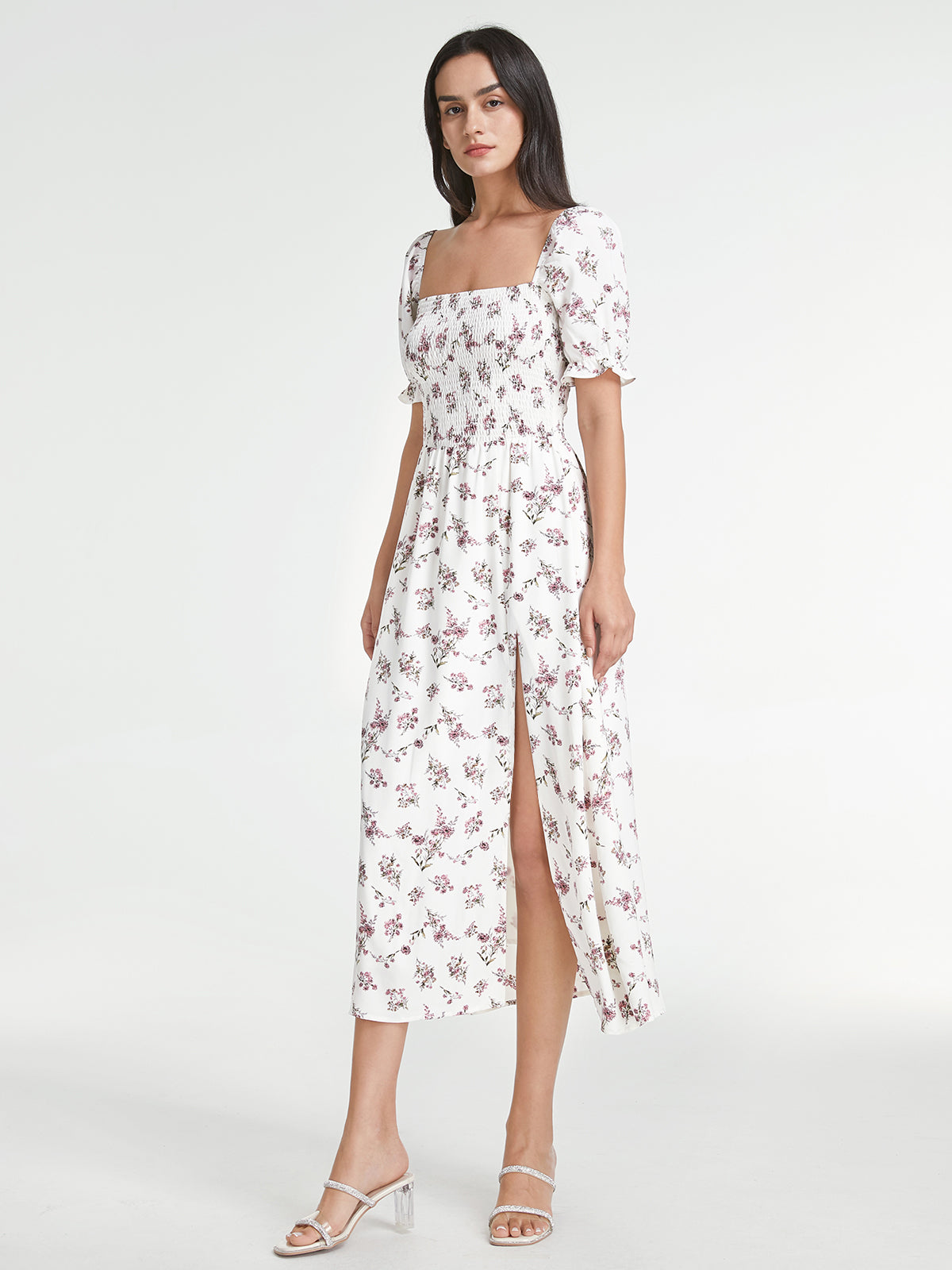 Thecomense - Square Neck Short Puff Sleeve Smocked Floral Midi Slit Dress