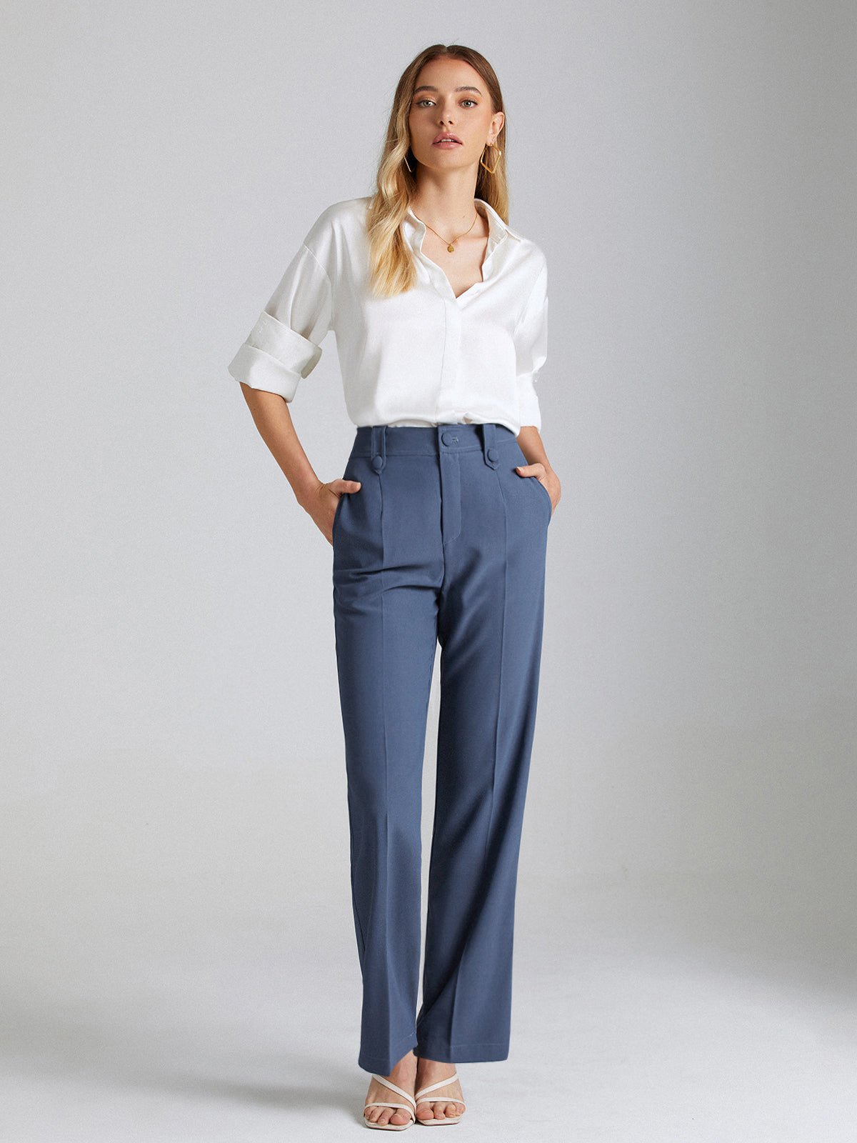 Thecomense - High Waisted Seam Detail Straight Leg Trousers