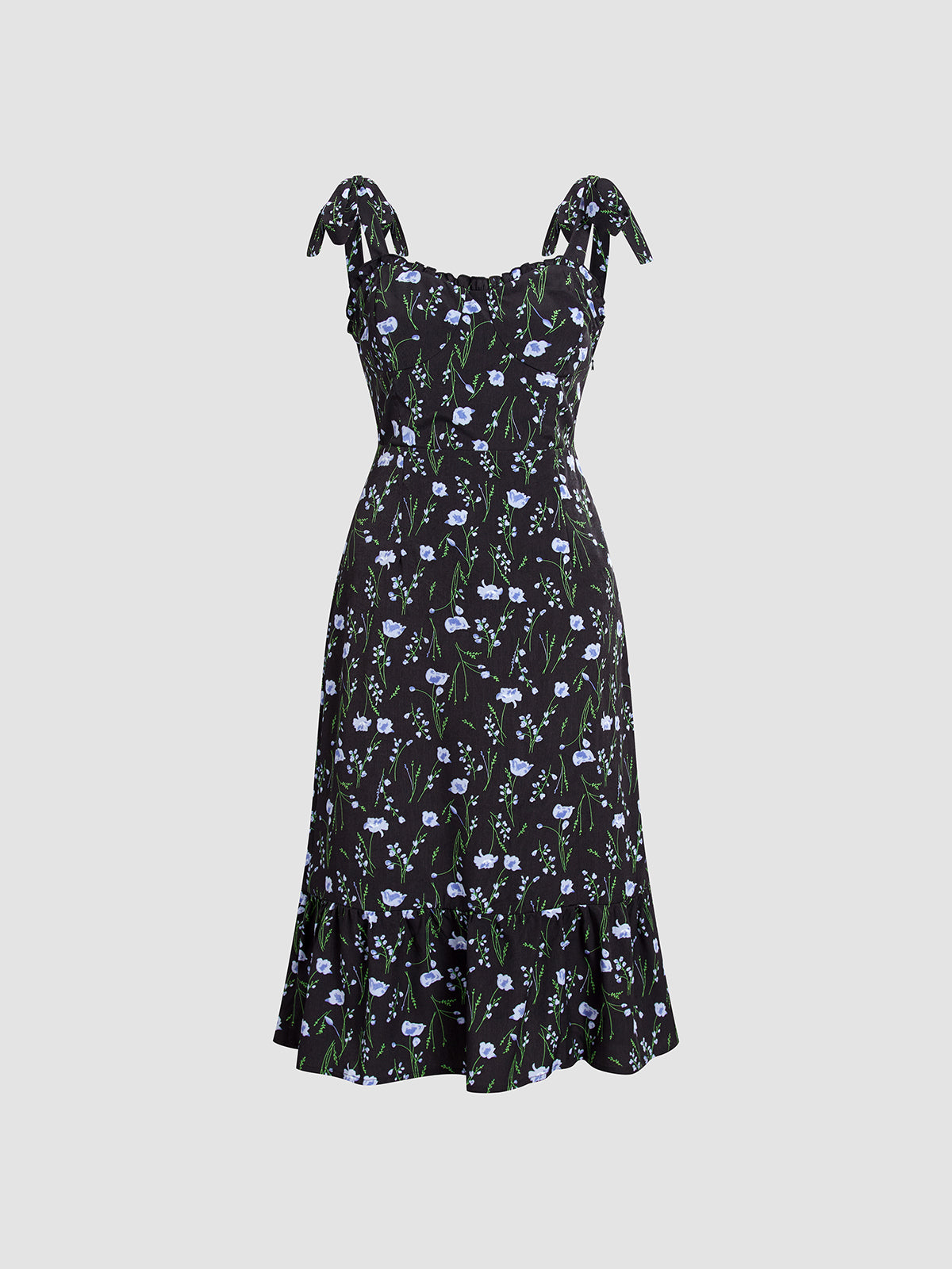 Thecomense - Pattern Tie Strap Ruffle Midi Dress