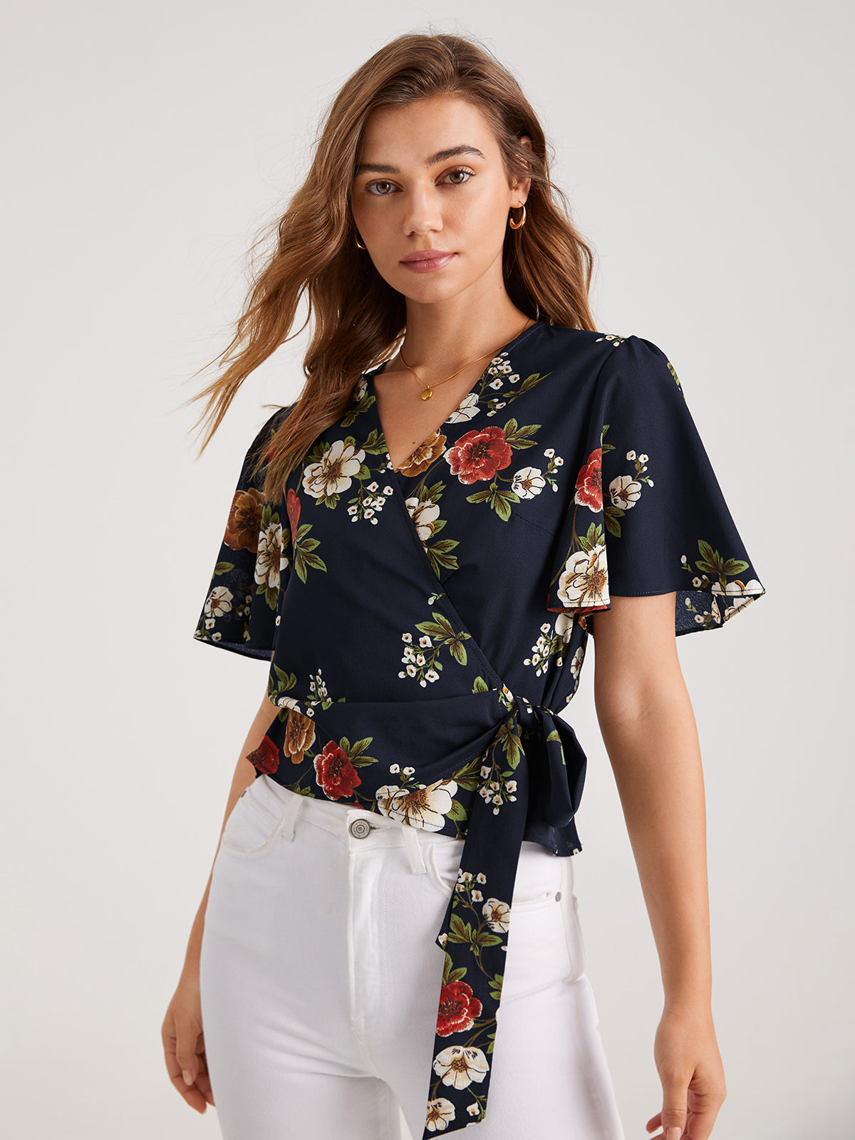 Thecomense - Floral V-Neck Side Tie Top