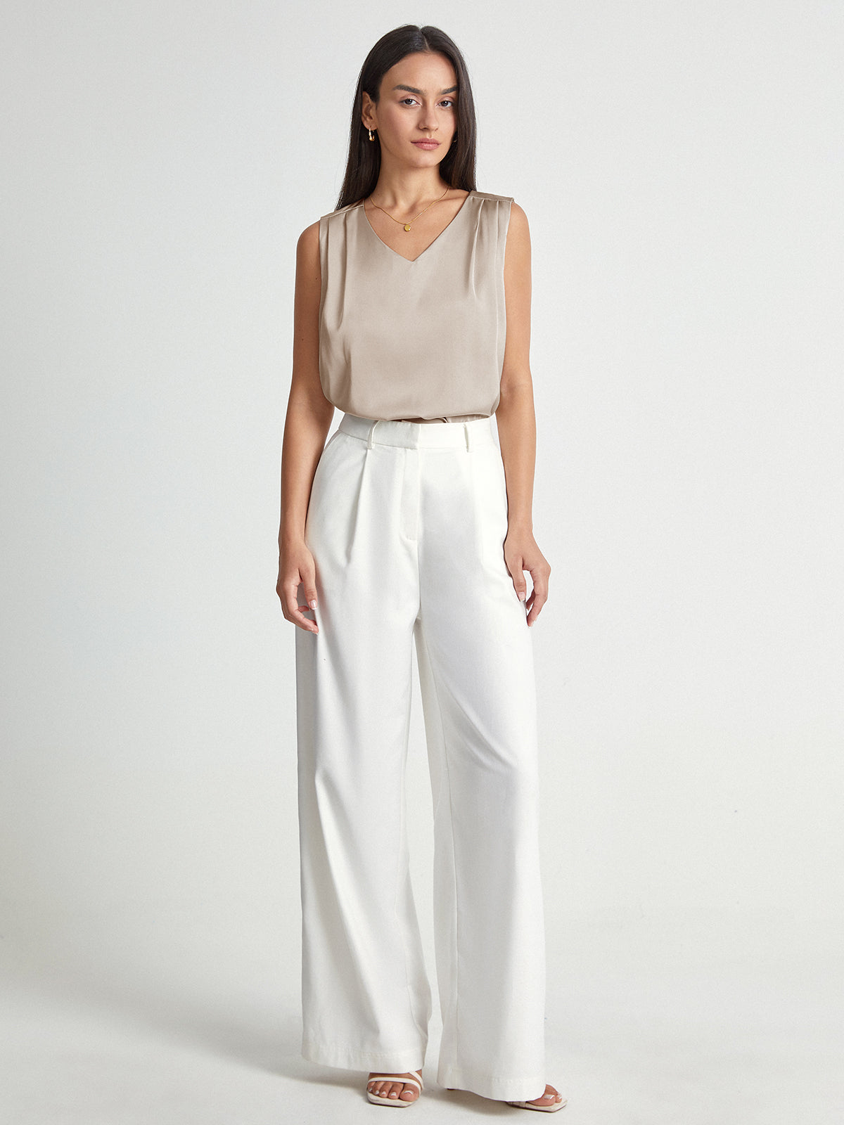 Thecomense - Sleeveless V-Neck Satin Tank Shirt