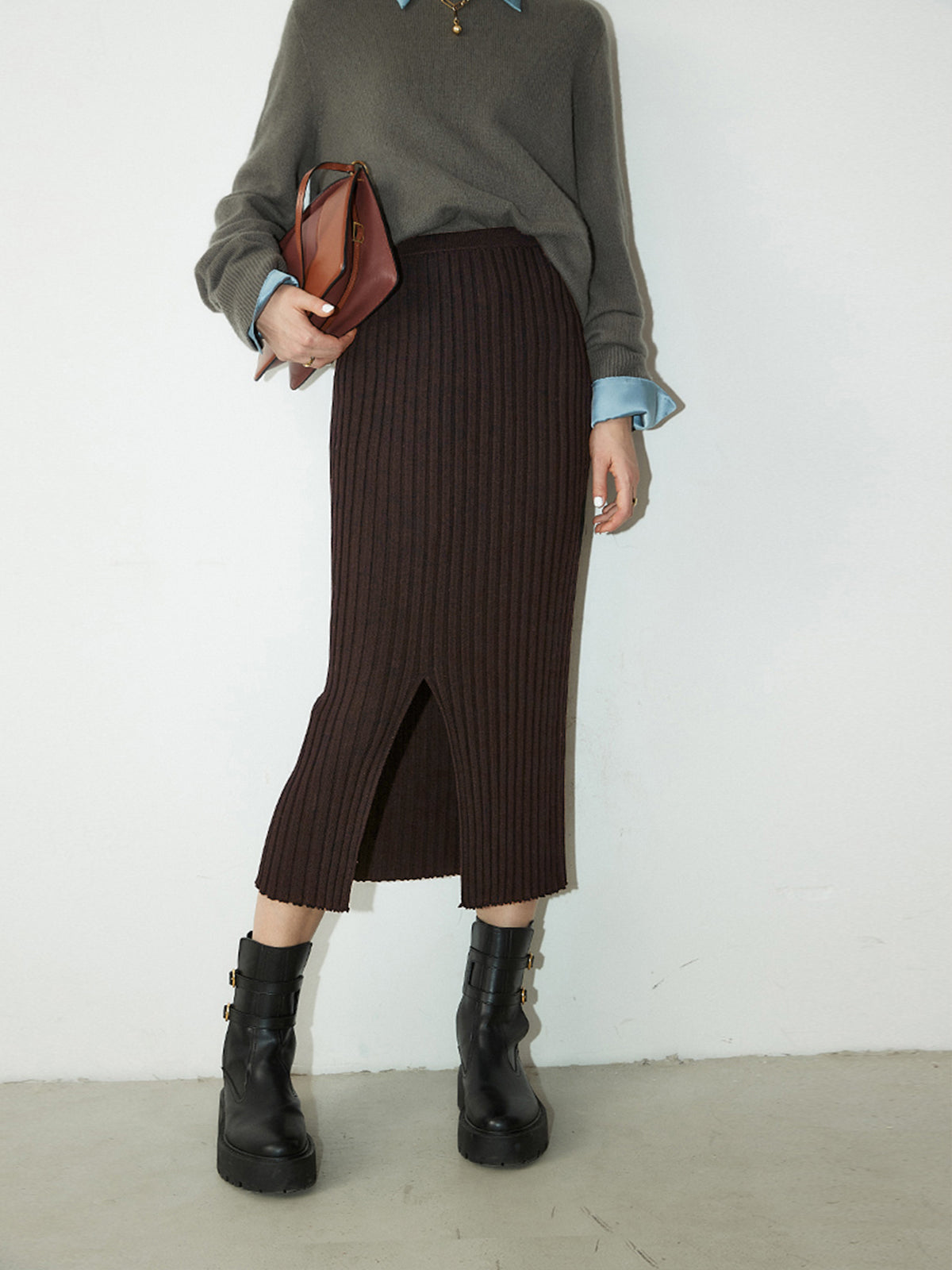 Thecomense - Ribbed Long Knitted Skirt with Slit
