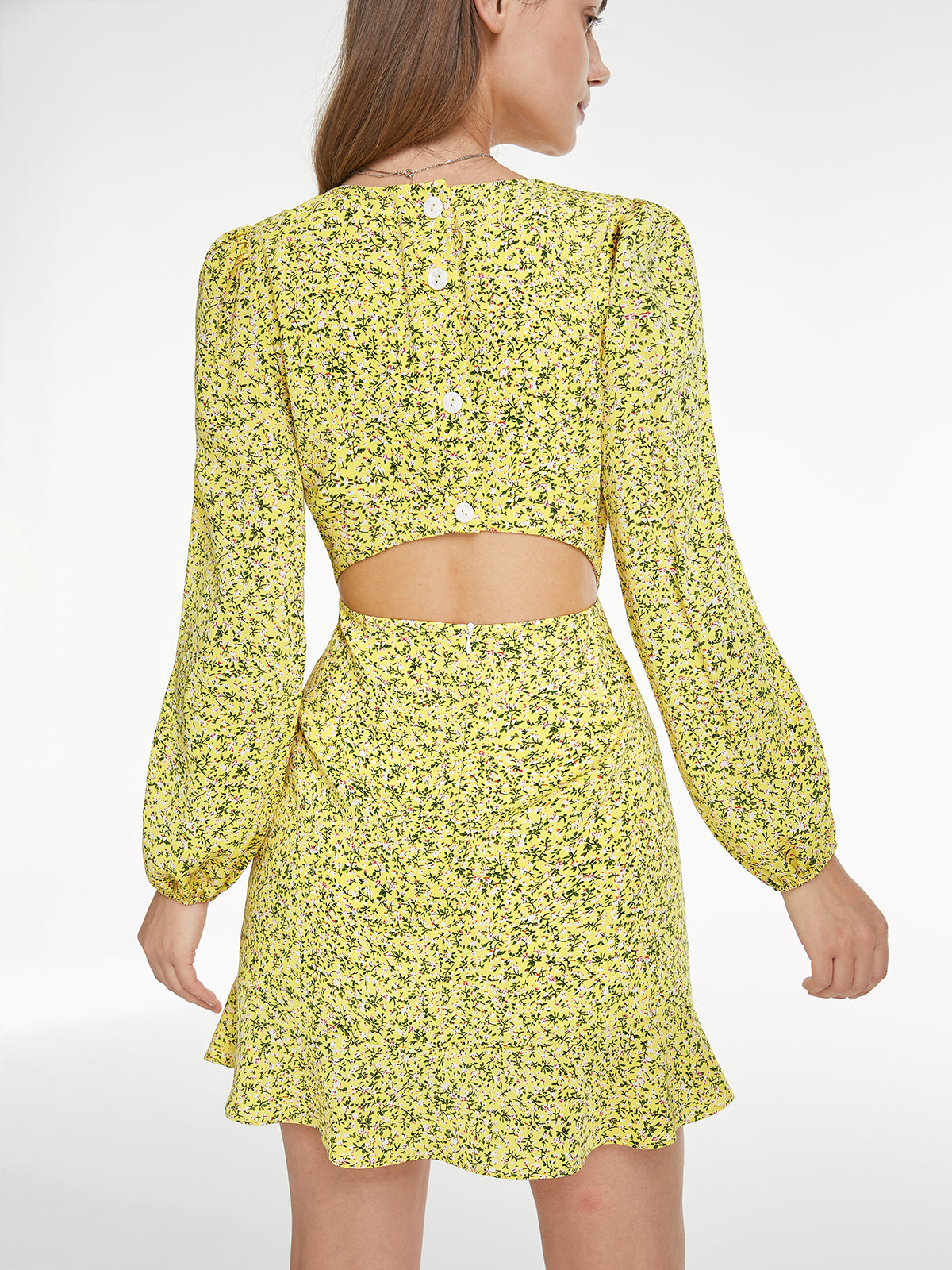 Thecomense - Long Puff Sleeve Straight Neck Back Cutout Floral Sun Dress