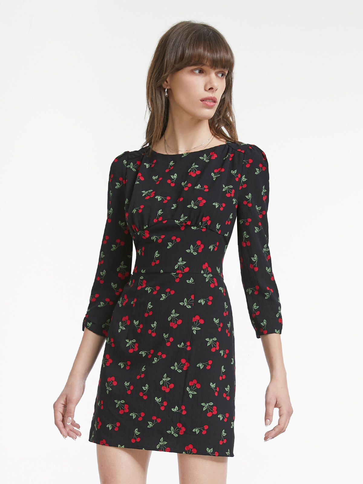 Thecomense - Long Sleeve Round Neck Very Cherry Mini Dress